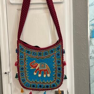Embroidered Elephant Shoulder Bag Boho Festival Hippie Tassel Purse